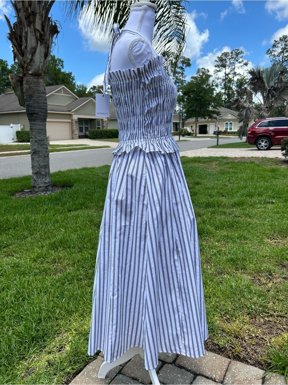 NWTš·Sugarlips Striped Halter Square Neck Sleeveless Smocked Poplin Midi Dress - Picture 8 of 15